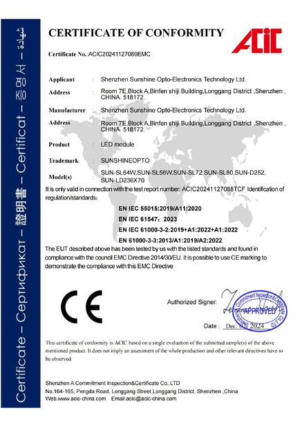 CHINA Sunshine Opto-electronics Enterprise Co.,ltd zertifizierungen